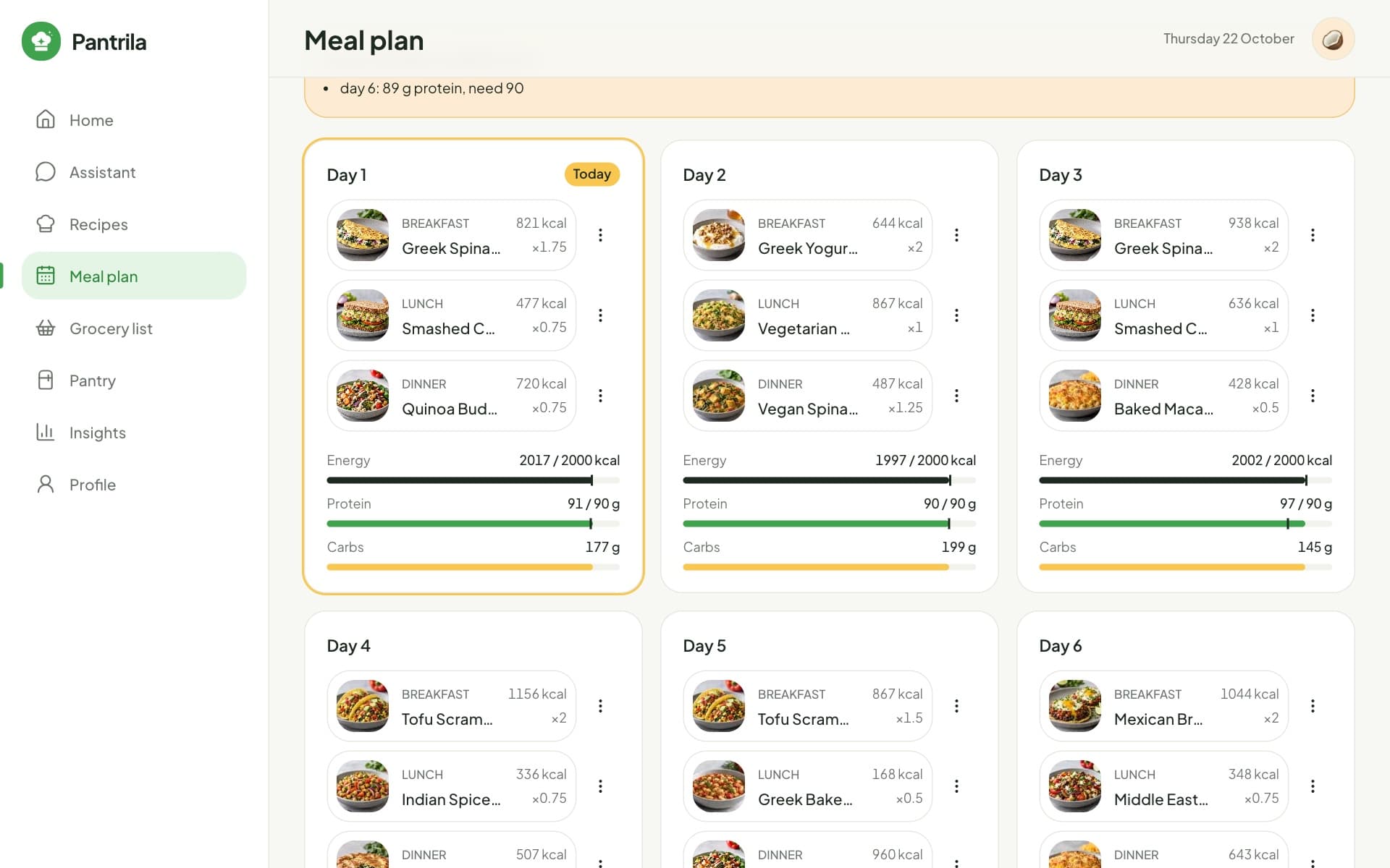 A week's meal plan in Pantrila with daily energy and protein bars